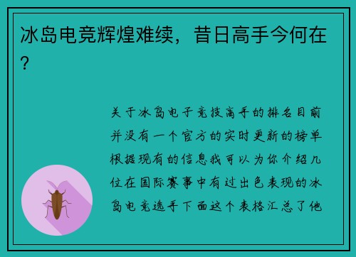 冰岛电竞辉煌难续，昔日高手今何在？
